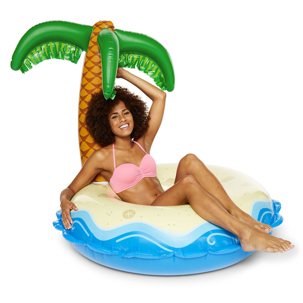 Woman laying in Pool on a Tropical Island Pool Float